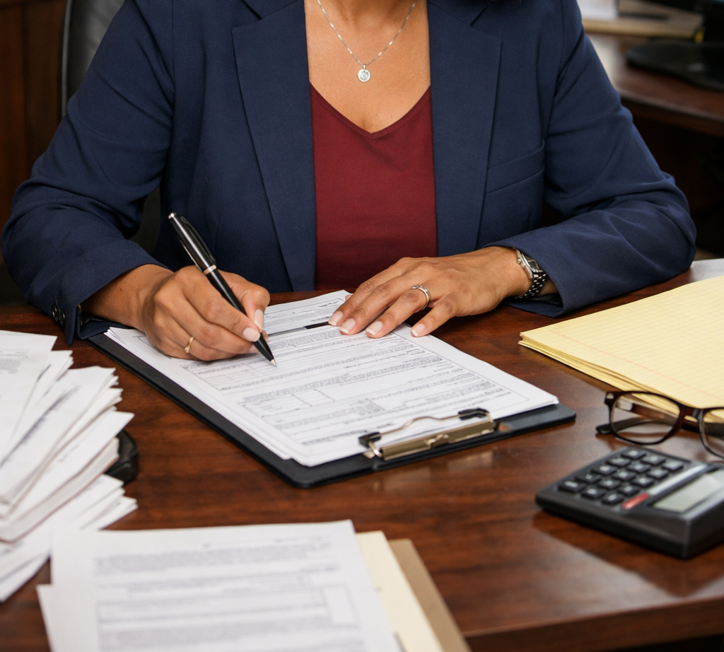 Paralegal hands preparing California family law documents at a desk